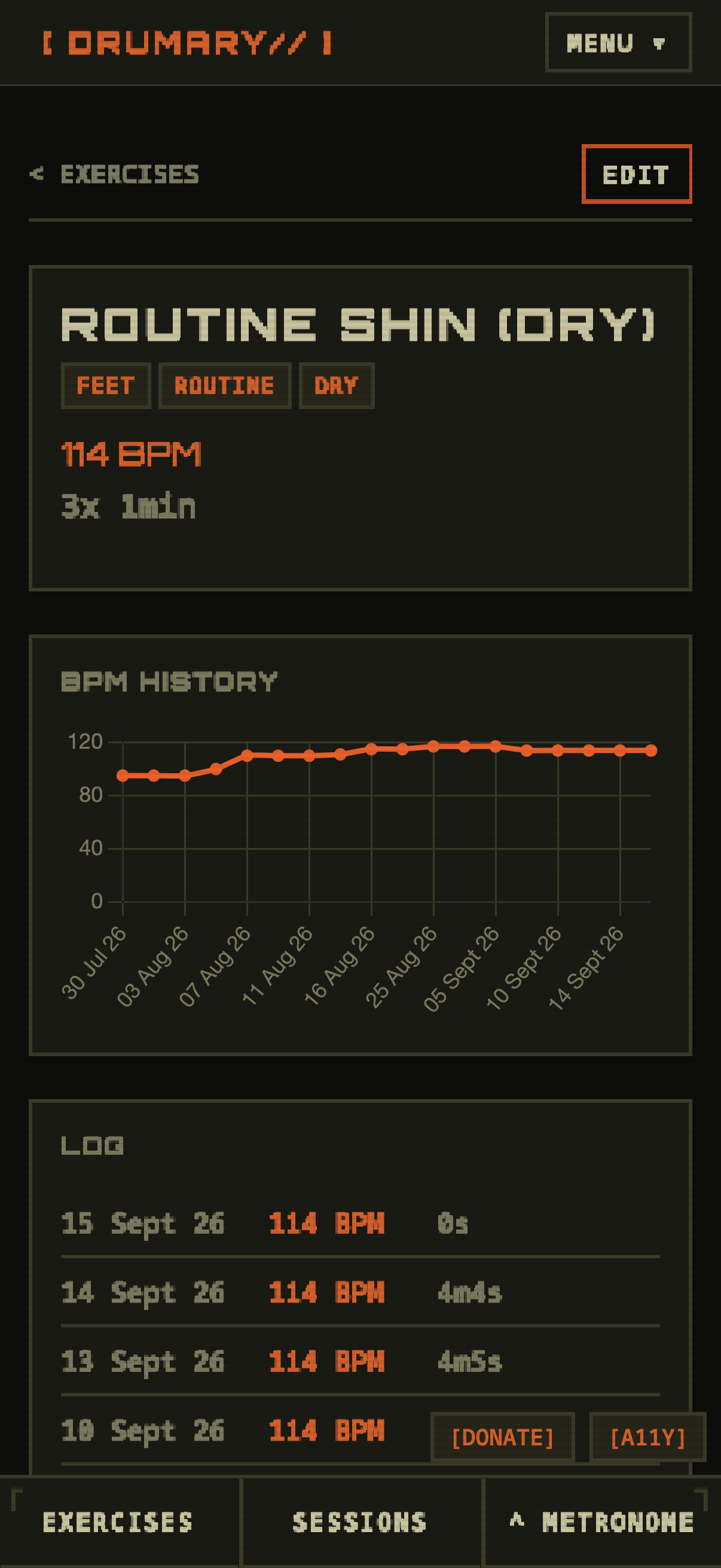 Exercise detail screen for Routine Shin (dry) showing 114 BPM and a BPM history chart rising from 90 to 114 over several weeks