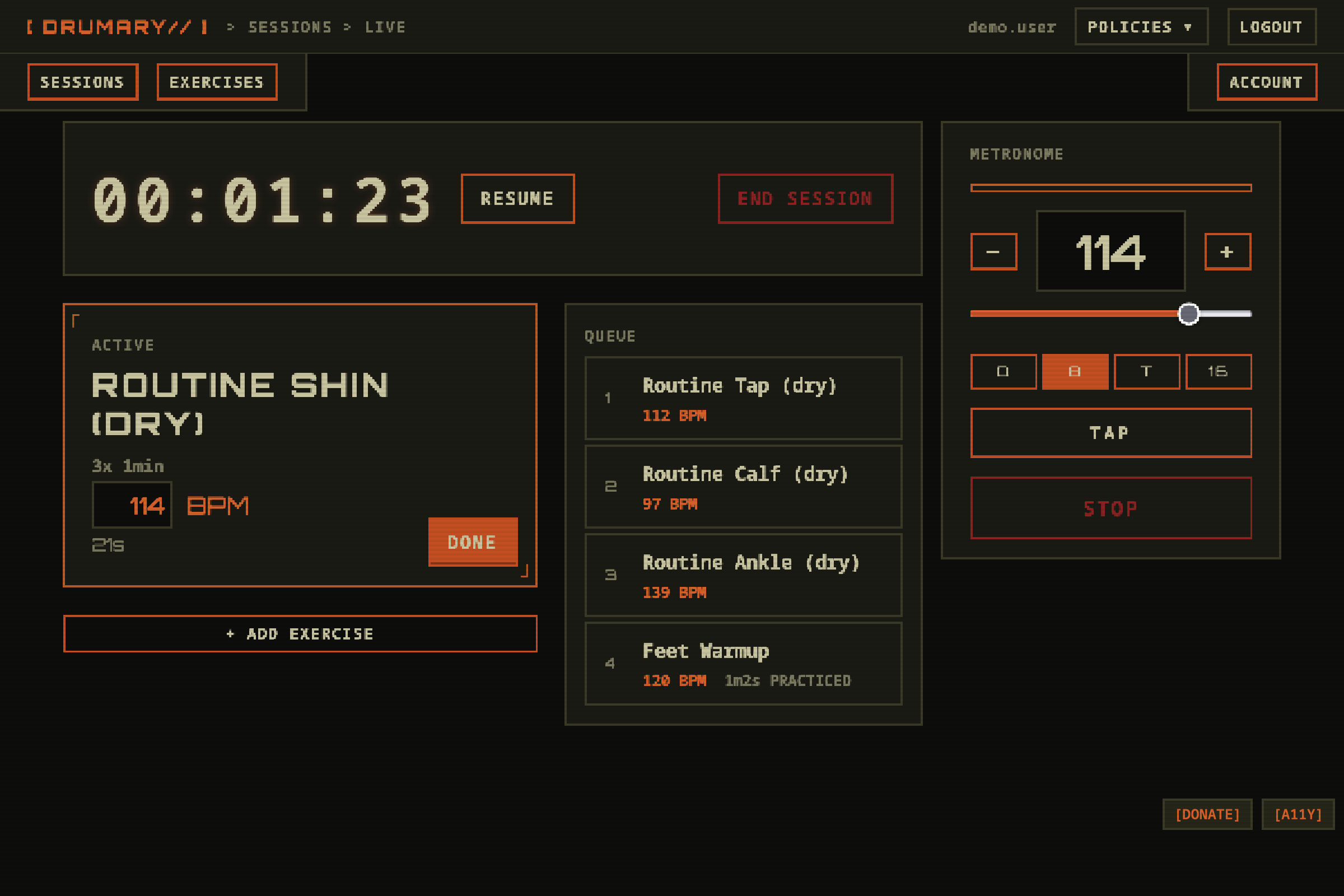 Live session screen on desktop: timer at 01:23, Routine Shin (dry) active at 114 BPM, and a queue of Routine Tap, Routine Calf, Routine Ankle, and Feet Warmup