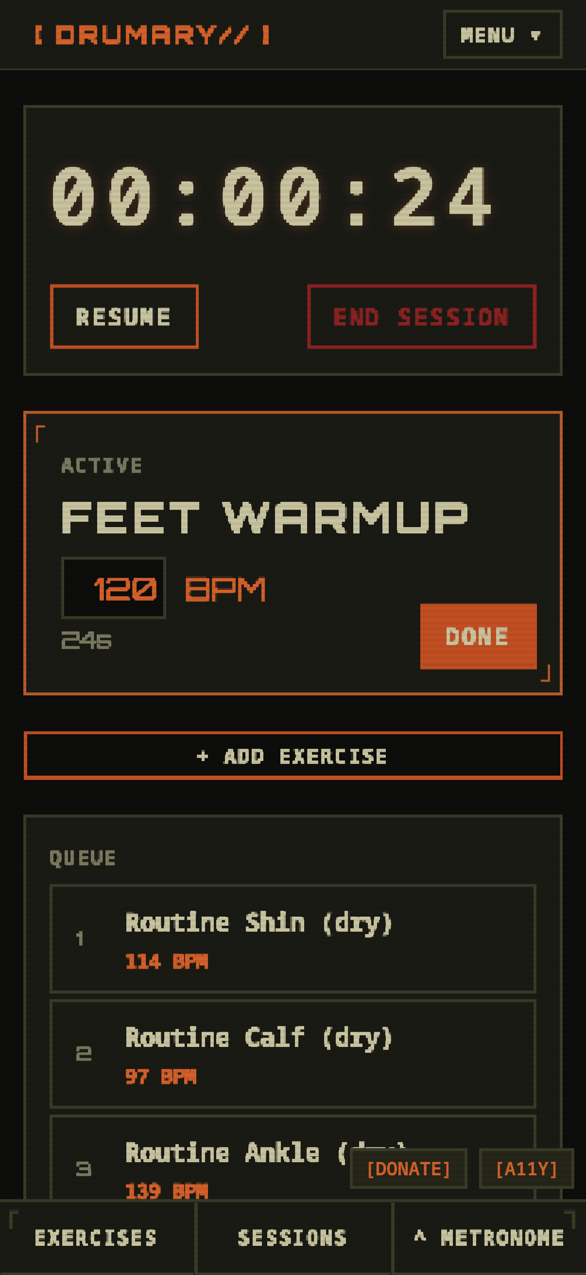 Live session screen on a phone: timer at 00:24, Feet Warmup active at 120 BPM, and a queue of Routine Shin, Routine Calf, and Routine Ankle