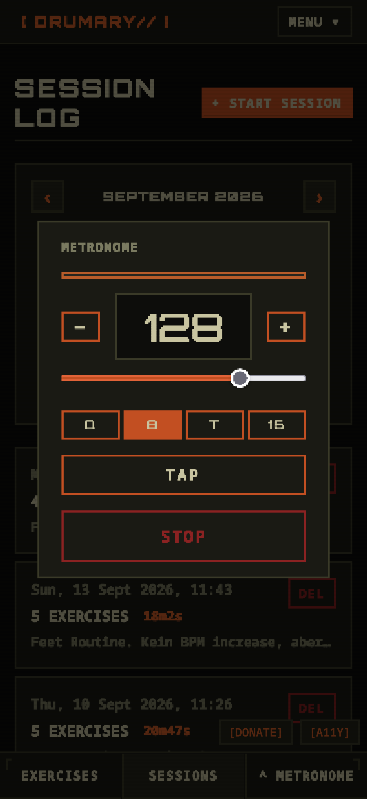 Metronome panel open at 128 BPM with 8th-note subdivision selected and the click running