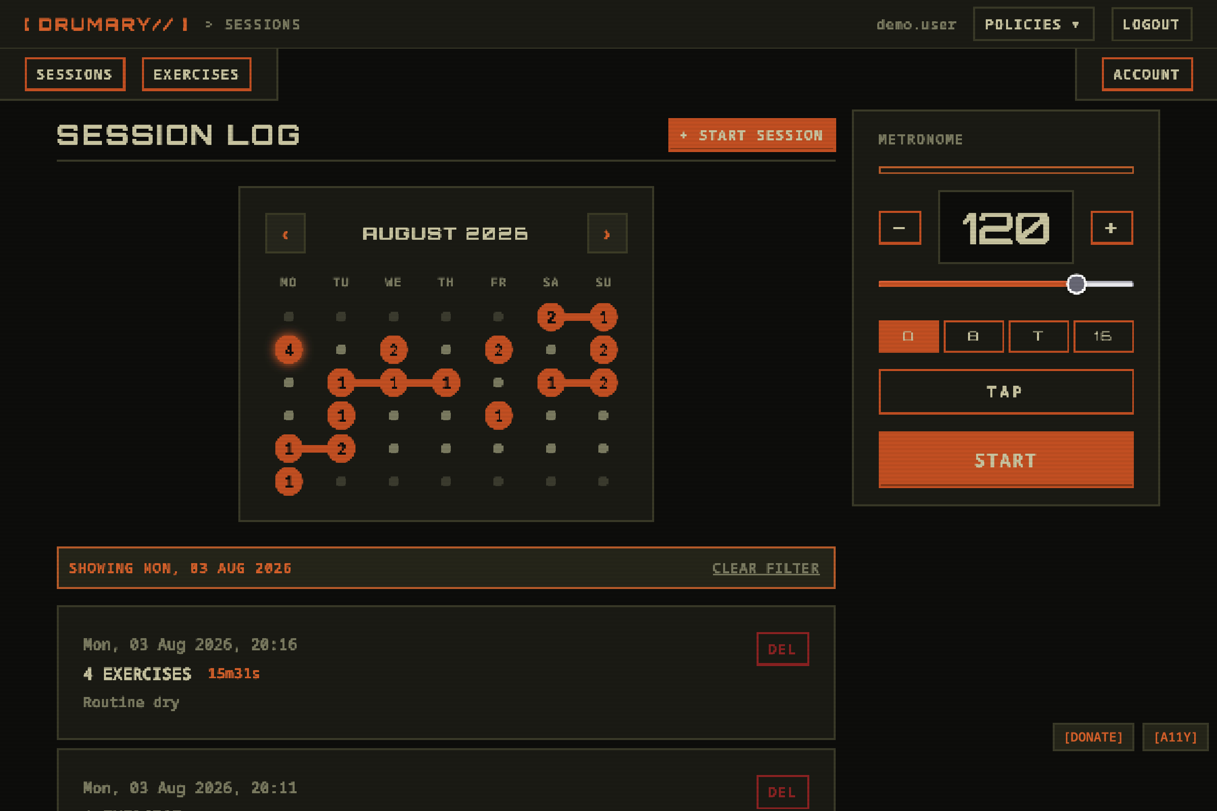 Session log showing an August 2026 practice calendar with connected daily streaks, a filtered session list, and the metronome panel